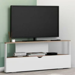 IDMarket Meuble TV d'angle 100 cm en bois façon hêtre et blanc* Meubles Tv