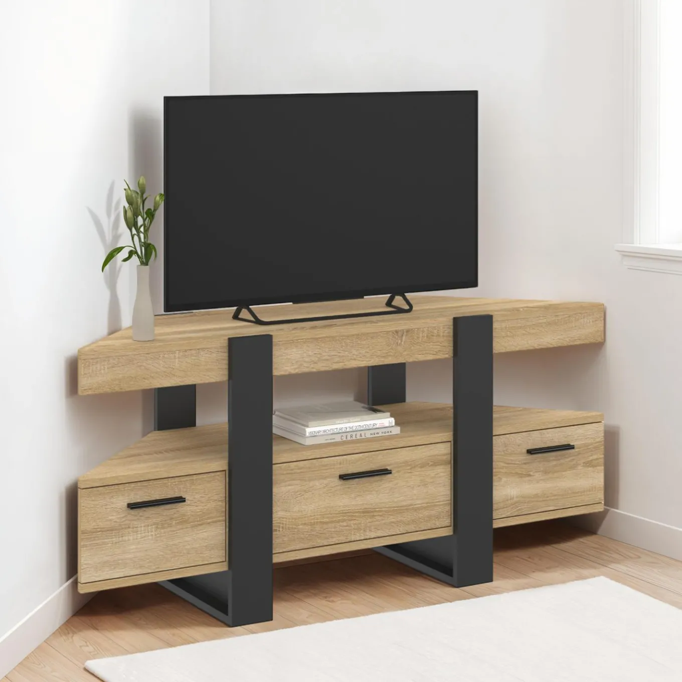 IDMarket Meuble TV d'angle bois et noir* Meubles Tv