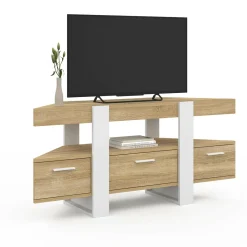 IDMarket Meuble TV d'angle bois et blanc 110cm avec tiroir* Meubles Tv