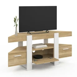 IDMarket Meuble TV d'angle bois et blanc 110cm avec tiroir* Meubles Tv