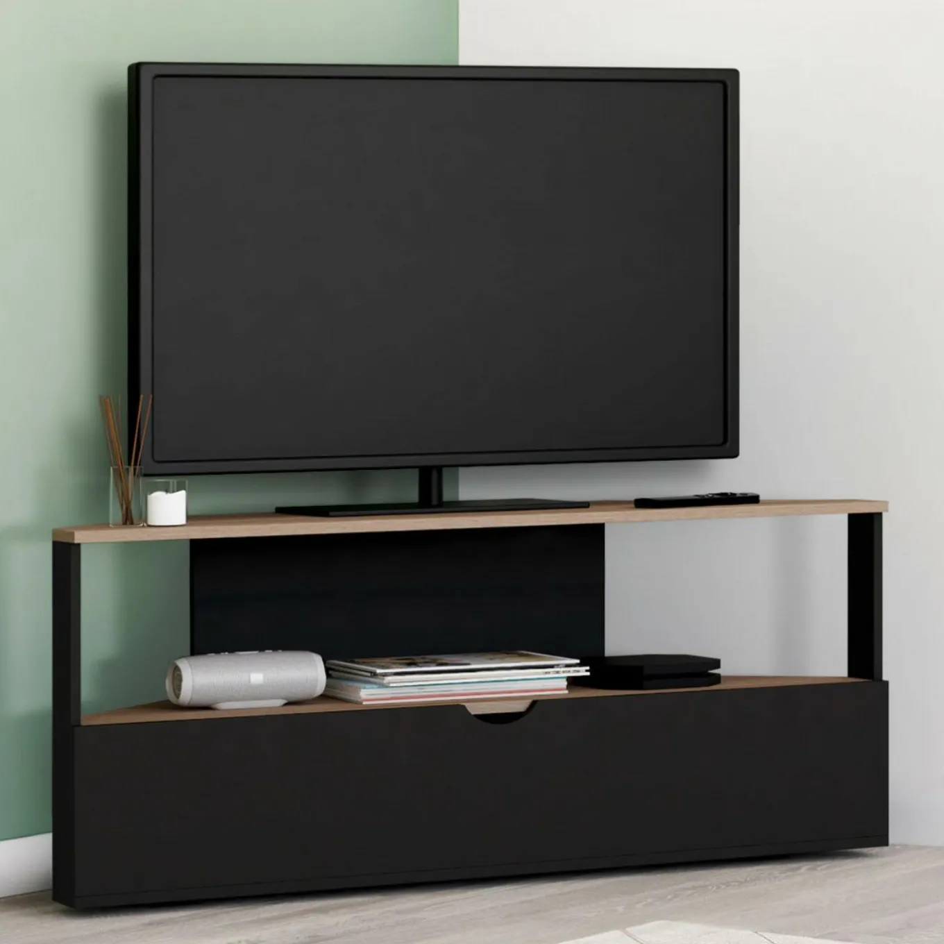 IDMarket Meuble TV d'angle bois façon hêtre et noir 100 cm* Meubles Tv