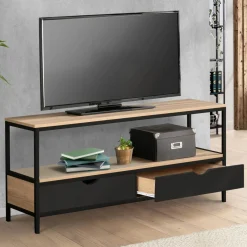 IDMarket Meuble TV en bois et métal noir 2 tiroirs* Meubles Tiroirs|Collection Industrielle