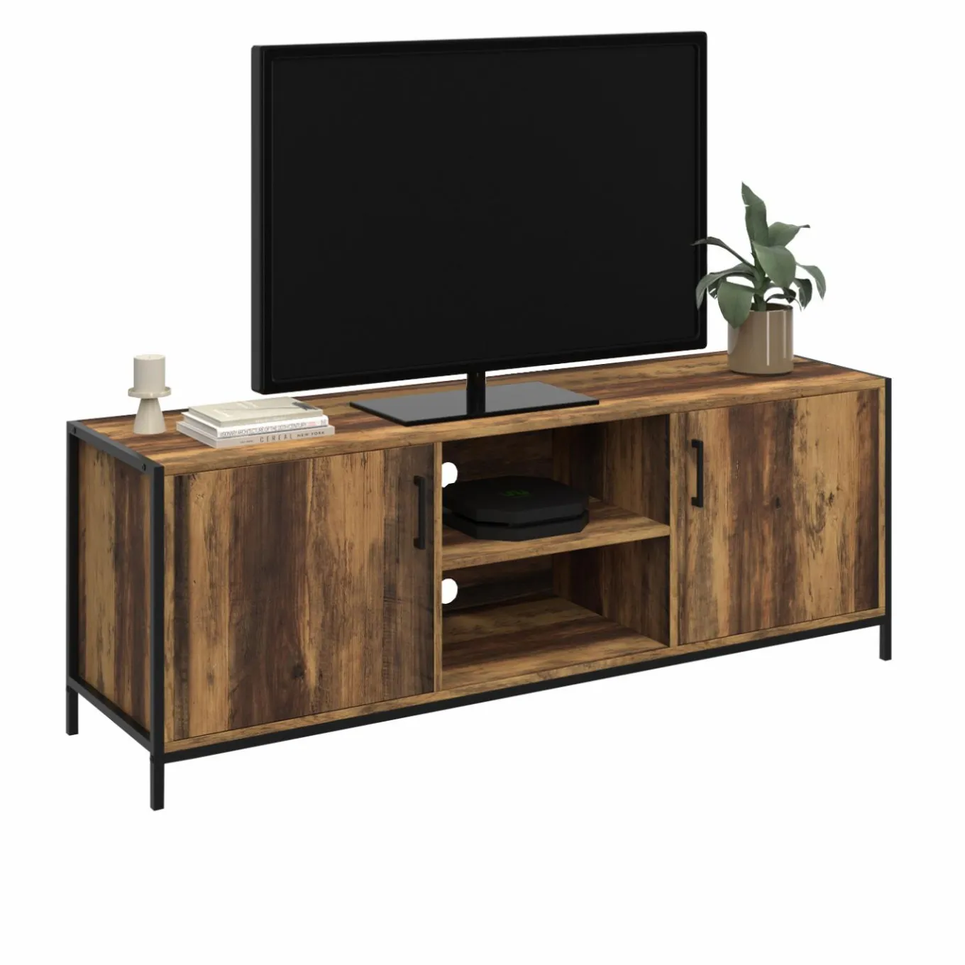 IDMarket Meuble TV industriel 140 cm bois foncé avec 2 portes* Collection Vintage|Salon Complet