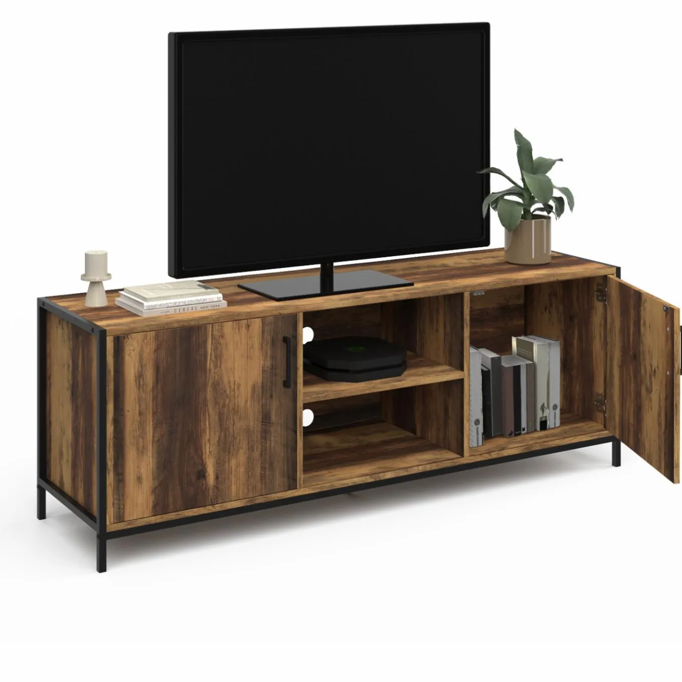 IDMarket Meuble TV industriel 140 cm bois foncé avec 2 portes* Collection Vintage|Salon Complet