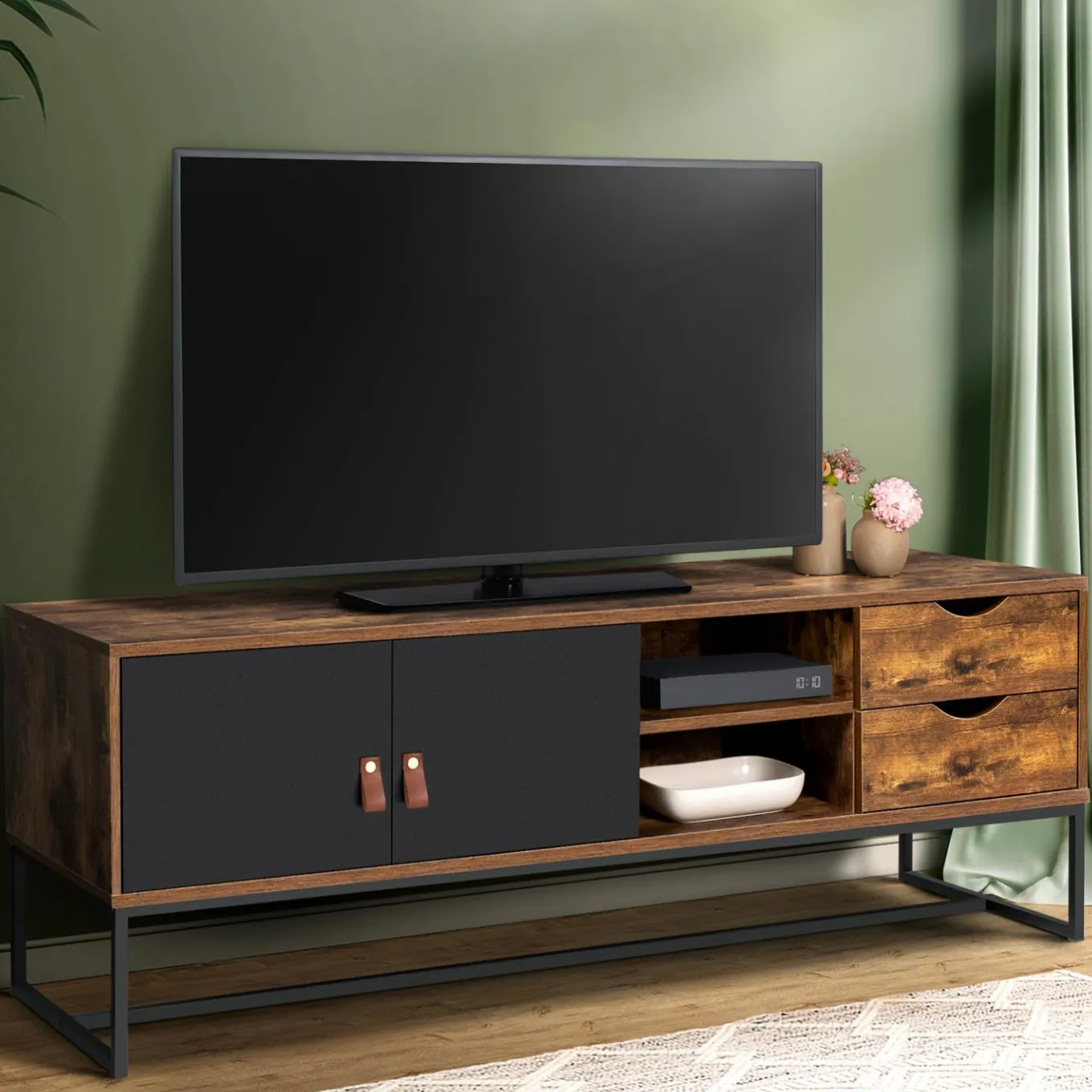 IDMarket Meuble TV industriel bois et métal 140 cm avec 2 portes et tiroirs* Collection Vintage|Salon Complet