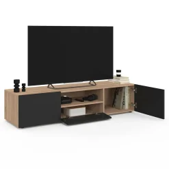 IDMarket Meuble TV moderne 140cm bois façon hêtre portes noires* Salon Complet|Meubles Tv