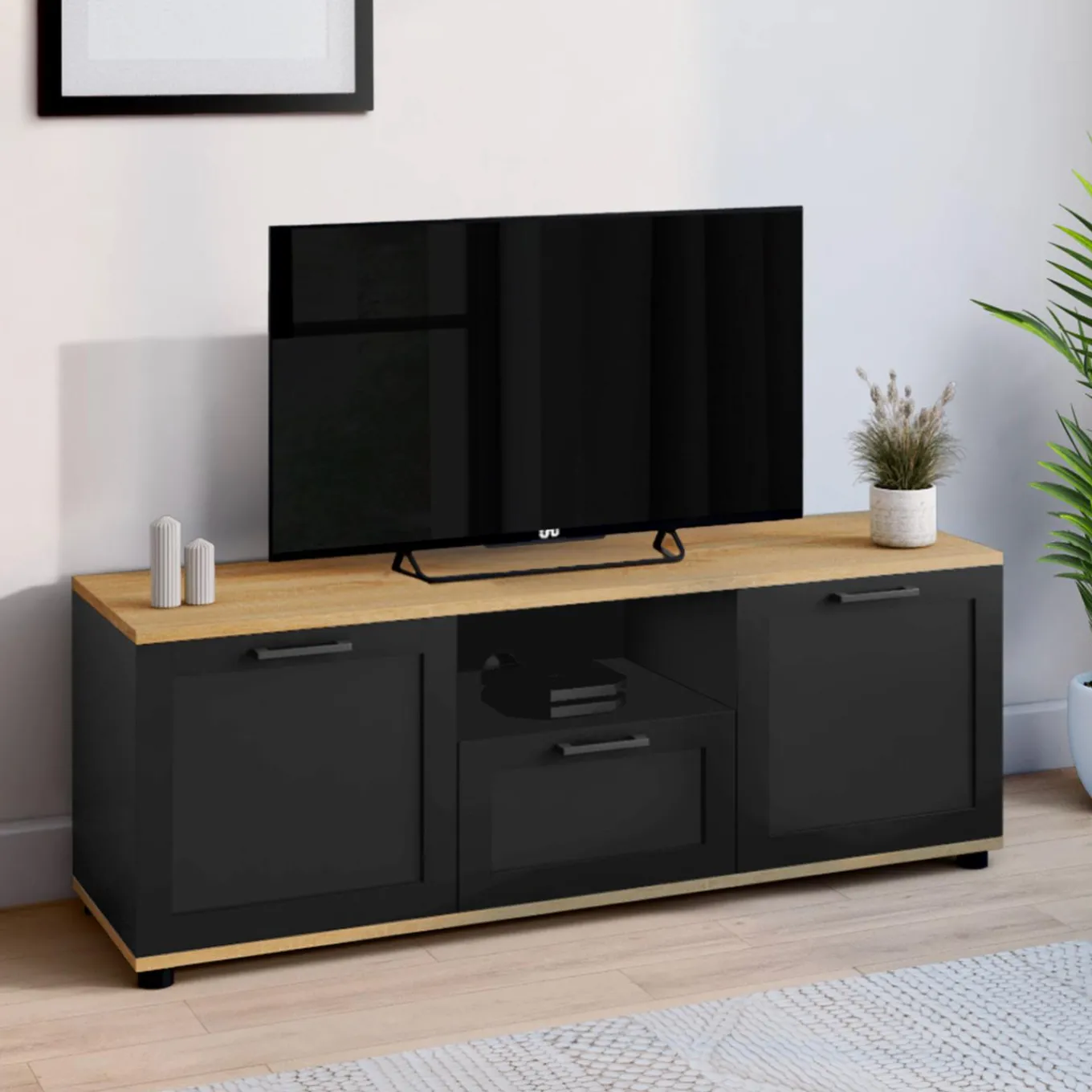 IDMarket Meuble TV noir et bois 110 cm avec tiroir et niche* Meubles Tv