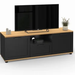 IDMarket Meuble TV noir et bois 110 cm avec tiroir et niche* Meubles Tv