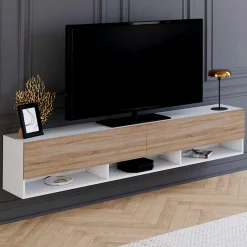 IDMarket Meuble TV suspendu blanc et bois 180 cm avec étagères* Meubles Tv