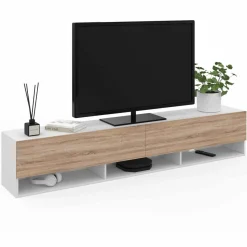 IDMarket Meuble TV suspendu blanc et bois 180 cm avec étagères* Meubles Tv
