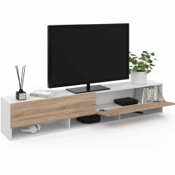 IDMarket Meuble TV suspendu blanc et bois 180 cm avec étagères* Meubles Tv