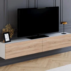 IDMarket Meuble TV suspendu blanc et bois* Meubles Blancs|Meubles En Bois