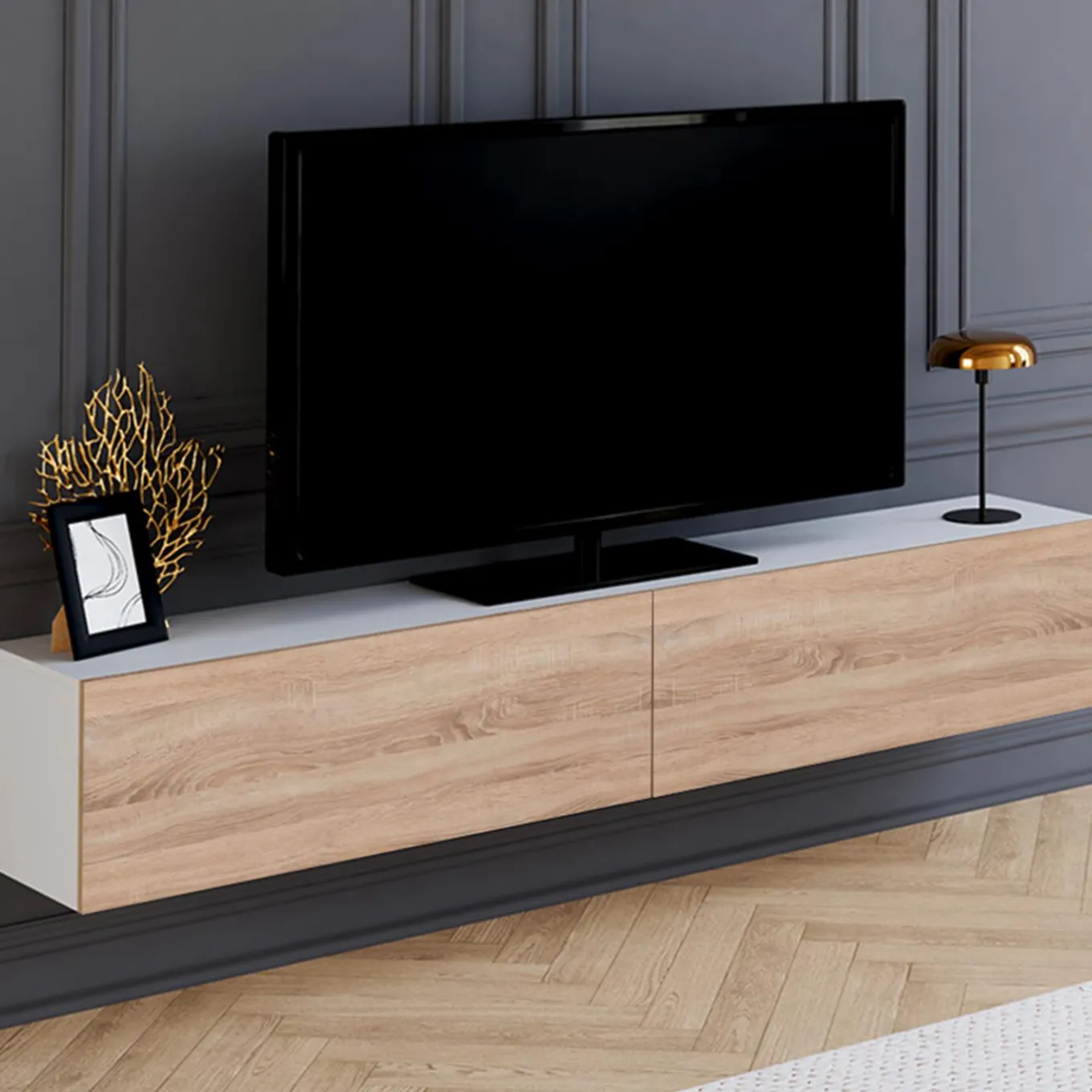 IDMarket Meuble TV suspendu blanc et bois* Meubles Blancs|Meubles En Bois