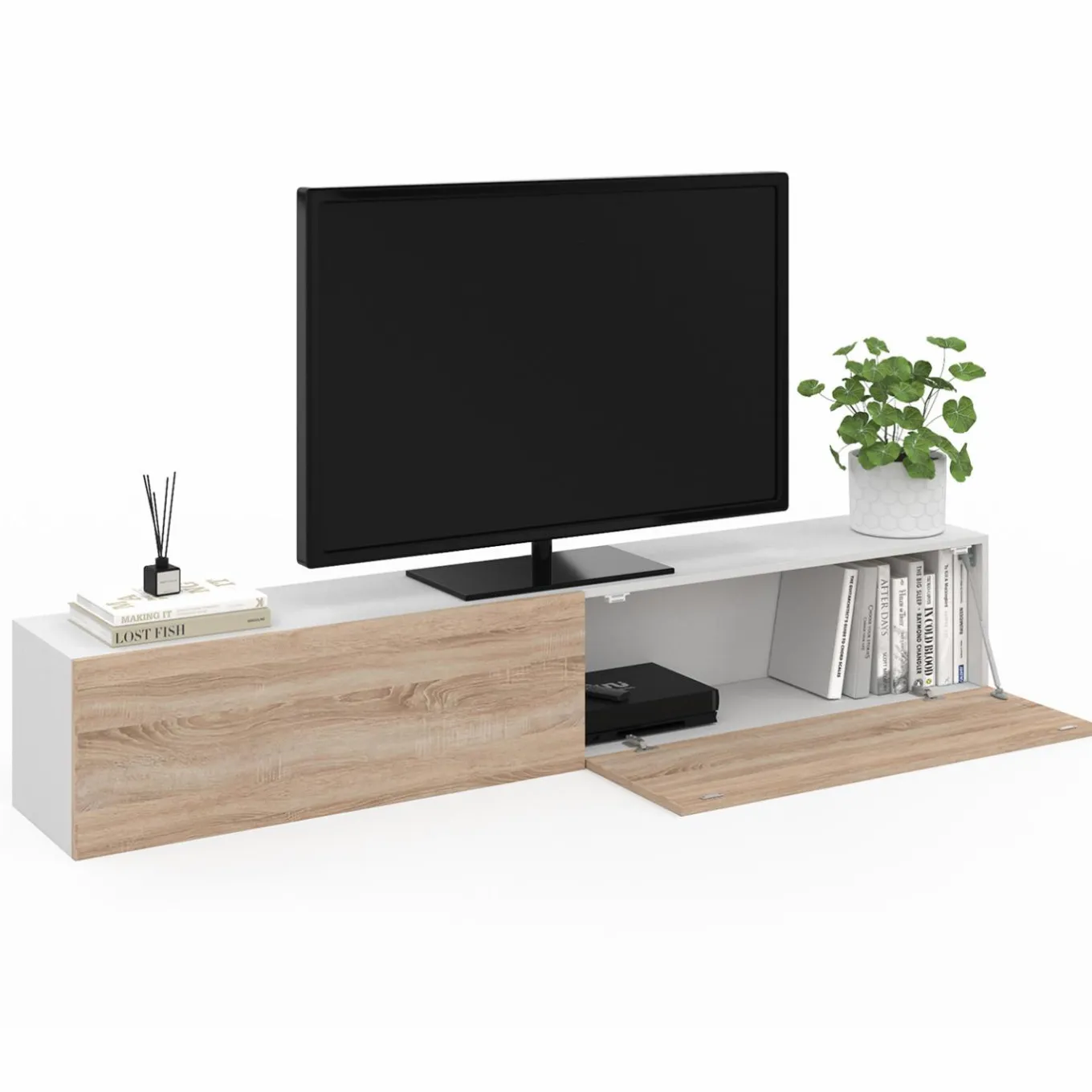 IDMarket Meuble TV suspendu blanc et bois* Meubles Blancs|Meubles En Bois