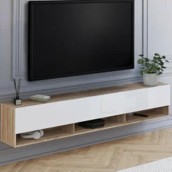 IDMarket Meuble TV suspendu bois et blanc 180 cm avec étagères* Meubles Tv|Salon Complet