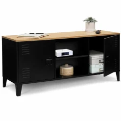 IDMarket Meuble TV vestiaire portes métal et plateau bois 113 cm* Collection Métal|Collection Industrielle