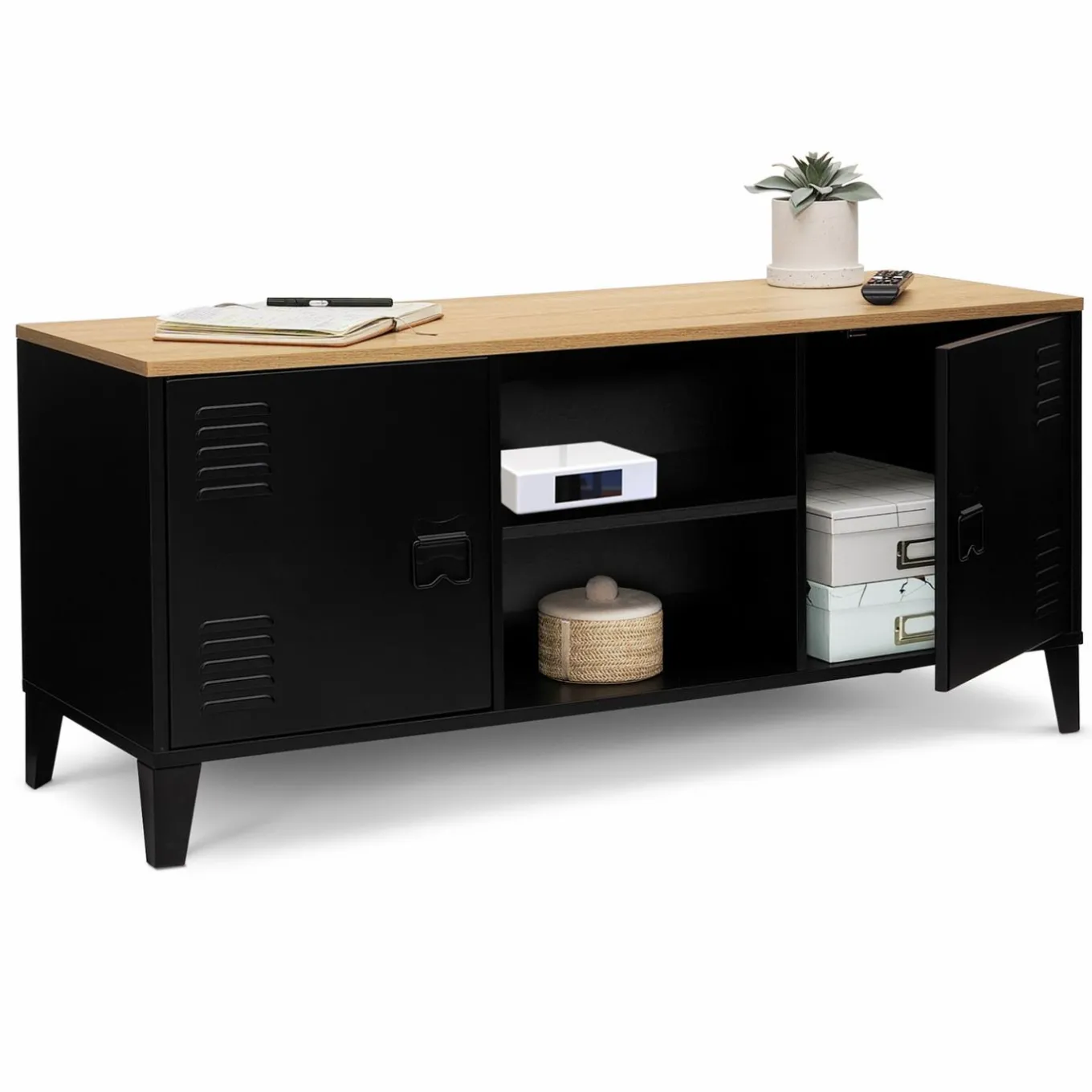 IDMarket Meuble TV vestiaire portes métal et plateau bois 113 cm* Collection Métal|Collection Industrielle