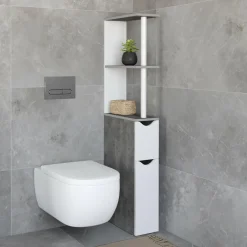 IDMarket Meuble WC gain de place en bois blanc et effet béton* Meubles Salle De Bain|Meubles Wc