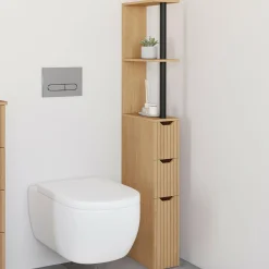IDMarket Meuble WC étagère bois 3 portes lattes bois coloris chêne* Meubles Wc