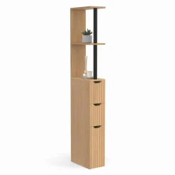 IDMarket Meuble WC étagère bois 3 portes lattes bois coloris chêne* Meubles Wc