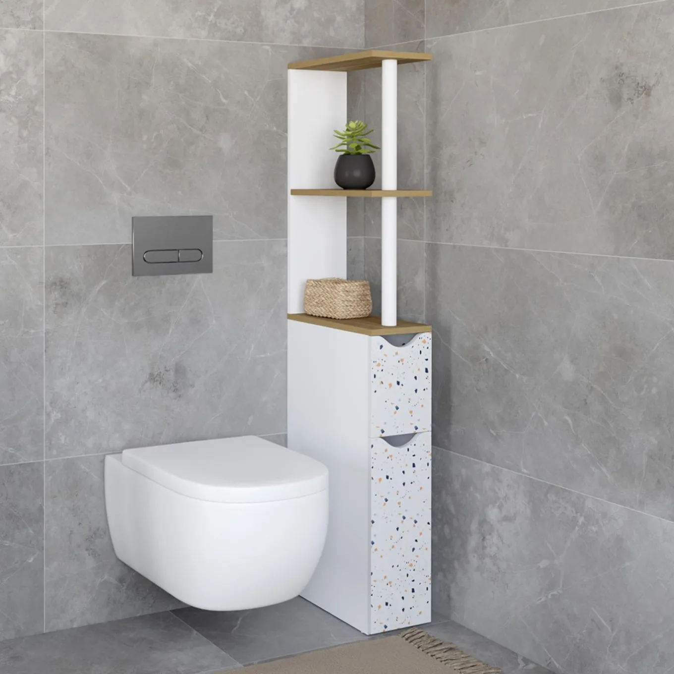 IDMarket Meuble WC étagère hêtre et motif terrazzo avec 2 portes* Meubles Blancs|Collection Contemporaine