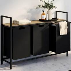IDMarket Panier à linge 3 bacs DETROIT tissu noir design industriel* Paniers À Linge|Accessoires Salle De Bain