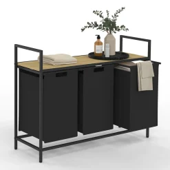 IDMarket Panier à linge 3 bacs DETROIT tissu noir design industriel* Paniers À Linge|Accessoires Salle De Bain