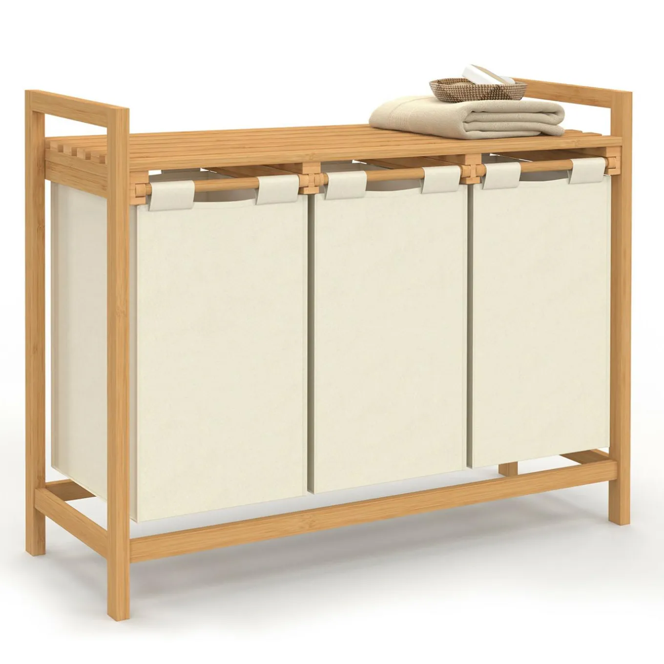 IDMarket Panier à linge bambou 3 bacs tissu écru* Paniers À Linge|Collection Bambou