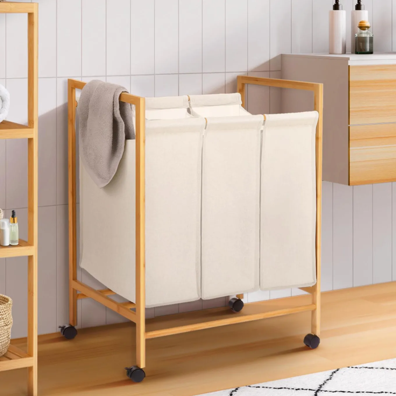 IDMarket Panier à linge bambou 3 compartiments* Paniers À Linge|Collection Bambou