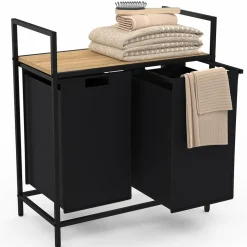 IDMarket Panier à linge en tissu noir avec 2 bacs* Paniers À Linge|Collection Industrielle