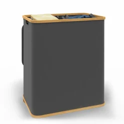 IDMarket Panier à linge 140L 2 bacs amovibles bambou gris* Paniers À Linge|Collection Bambou