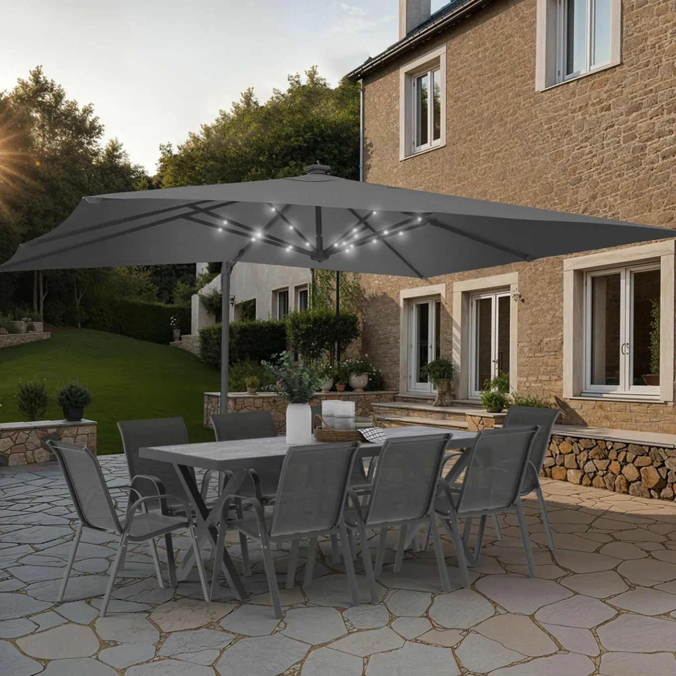 IDMarket Parasol déporté inclinable 3x4 m rotatif 360 gris avec LED* Parasols
