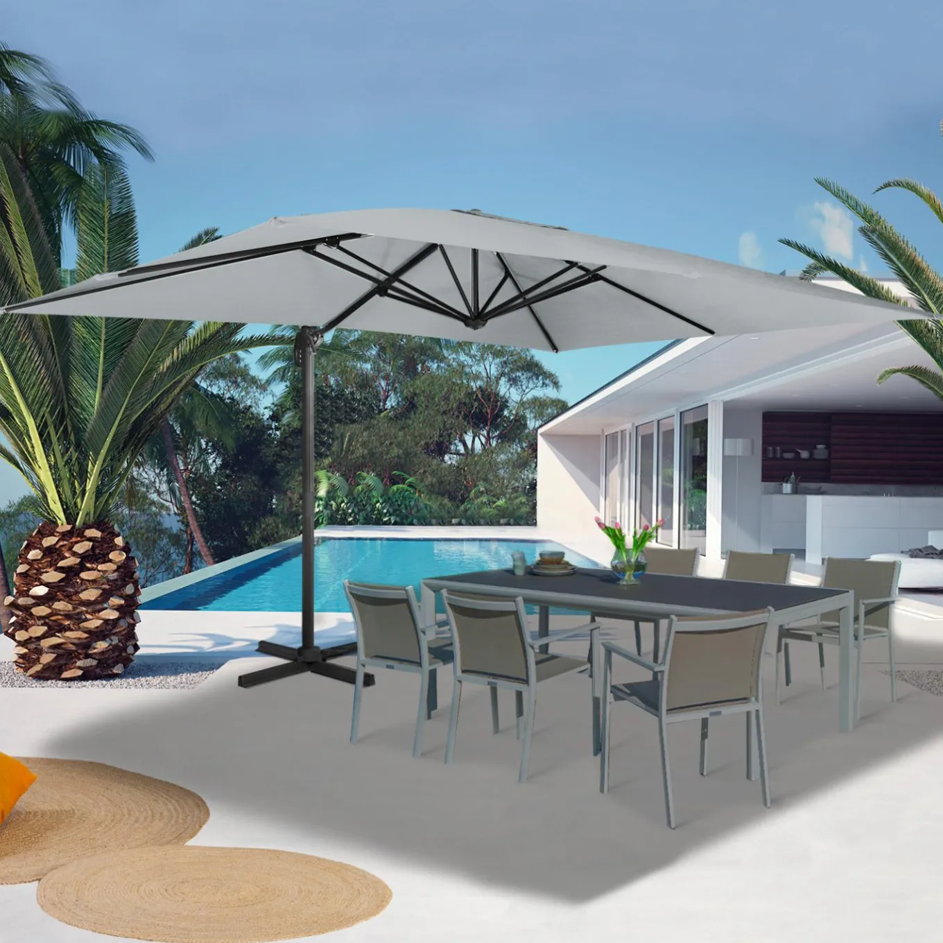 IDMarket Parasol déporté 3x4 m rotatif 360 coloris gris clair* Parasols