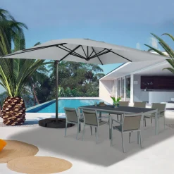 IDMarket Parasol déporté 3x4 m rotatif 360 gris clair avec 4 dalles* Parasols