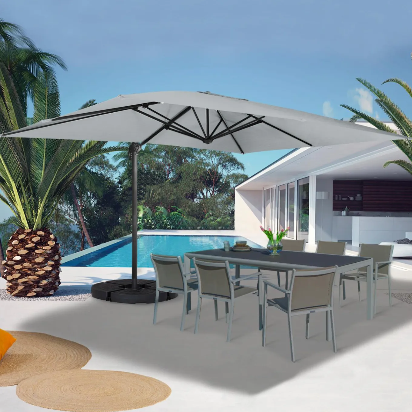 IDMarket Parasol déporté 3x4 m rotatif 360 gris clair avec 4 dalles* Parasols