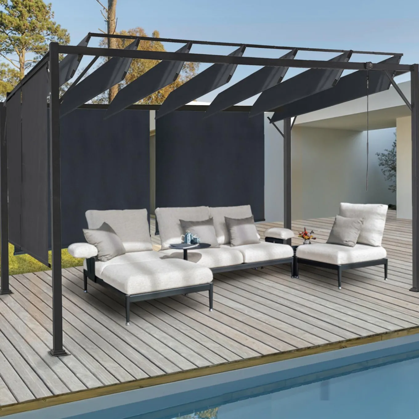 IDMarket Pergola acier lames orientables avec 4 stores gris 3x3 m* Tonnelles De Jardin|Pergolas