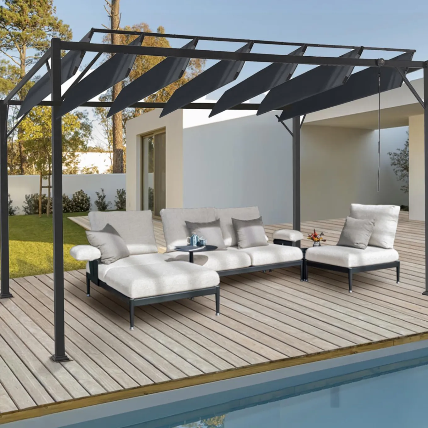 IDMarket Pergola acier lames orientables avec 4 stores gris 3x3 m* Tonnelles De Jardin|Pergolas