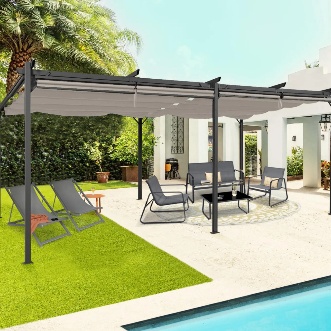 IDMarket Pergola au toit rétractable avec 6 stores coloris taupe* Tonnelles De Jardin|Pergolas