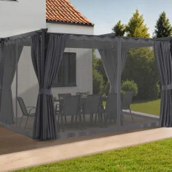 IDMarket Pergola avec moustiquaire intégrée, toit rétractable et 4 rideaux gris 3x4 m* Pergolas
