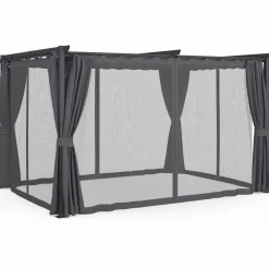IDMarket Pergola avec moustiquaire intégrée, toit rétractable et 4 rideaux gris 3x4 m* Pergolas