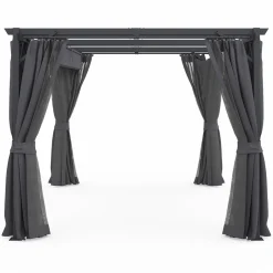 IDMarket Pergola avec moustiquaire intégrée, toit rétractable et 4 rideaux gris 3x4 m* Pergolas