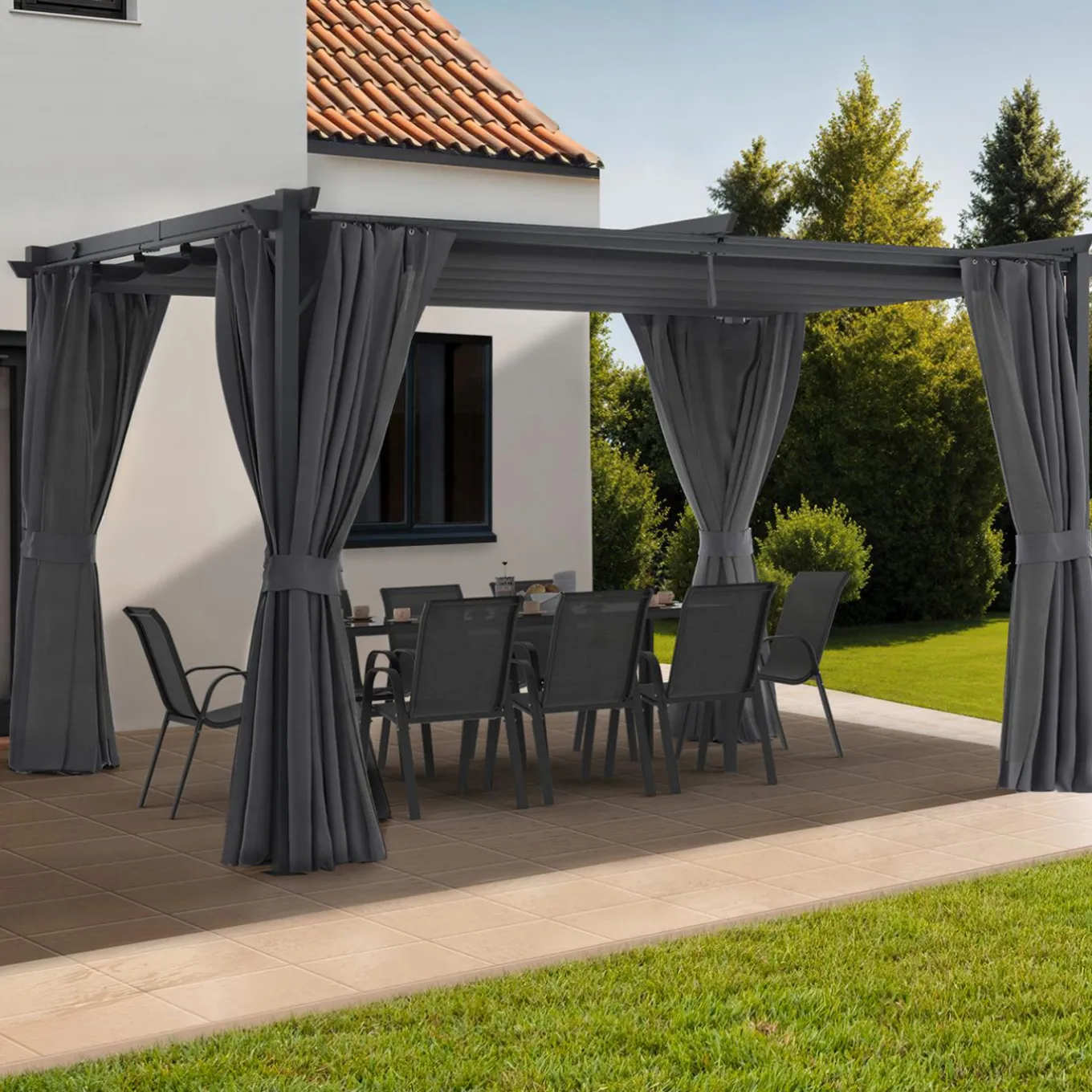 IDMarket Pergola avec moustiquaire intégrée, toit rétractable et 4 rideaux gris 3x4 m* Pergolas
