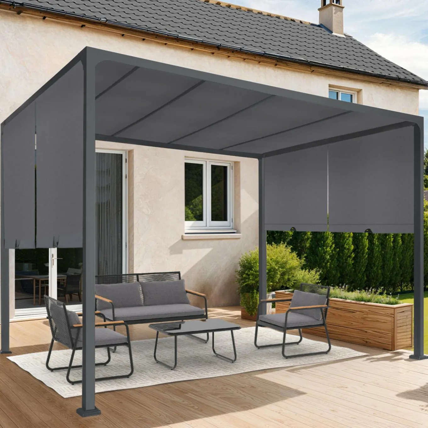 IDMarket Pergola coulissante gris anthracite 2 pans 3x3 M* Tonnelles De Jardin|Pergolas