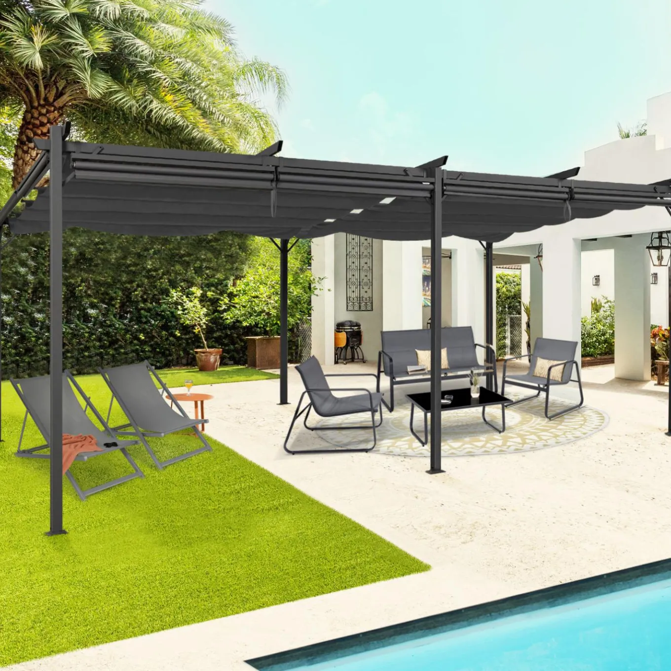 IDMarket Pergola toit rétractable 3x6m gris anthracite et stores enrouleurs* Tonnelles De Jardin|Pergolas