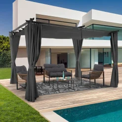 IDMarket Pergola toit rétractable 3x4m gris avec 4 rideaux* Tonnelles De Jardin|Pergolas