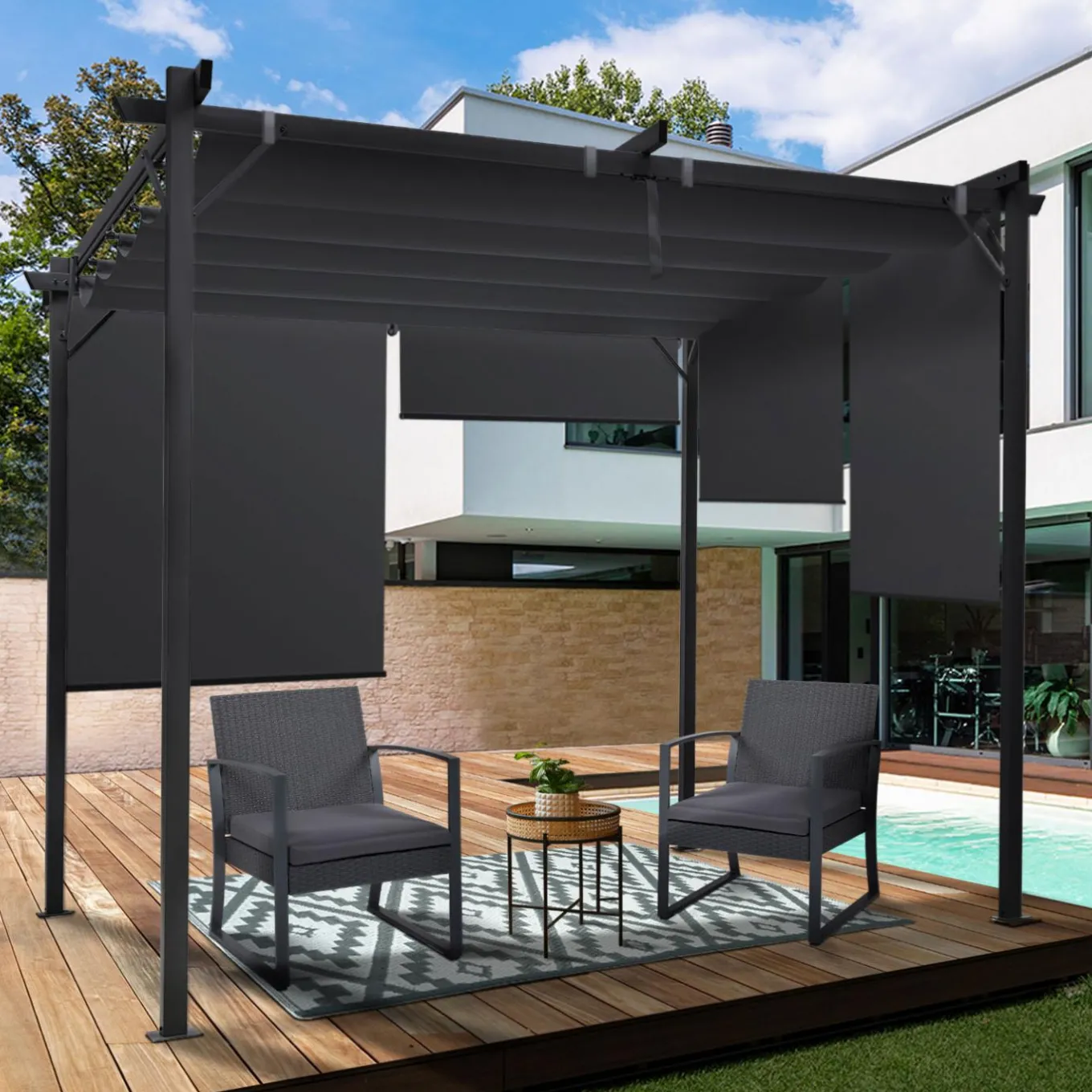 IDMarket Pergola 3x3 m toit rétractable gris anthracite et stores enrouleurs* Tonnelles De Jardin|Pergolas