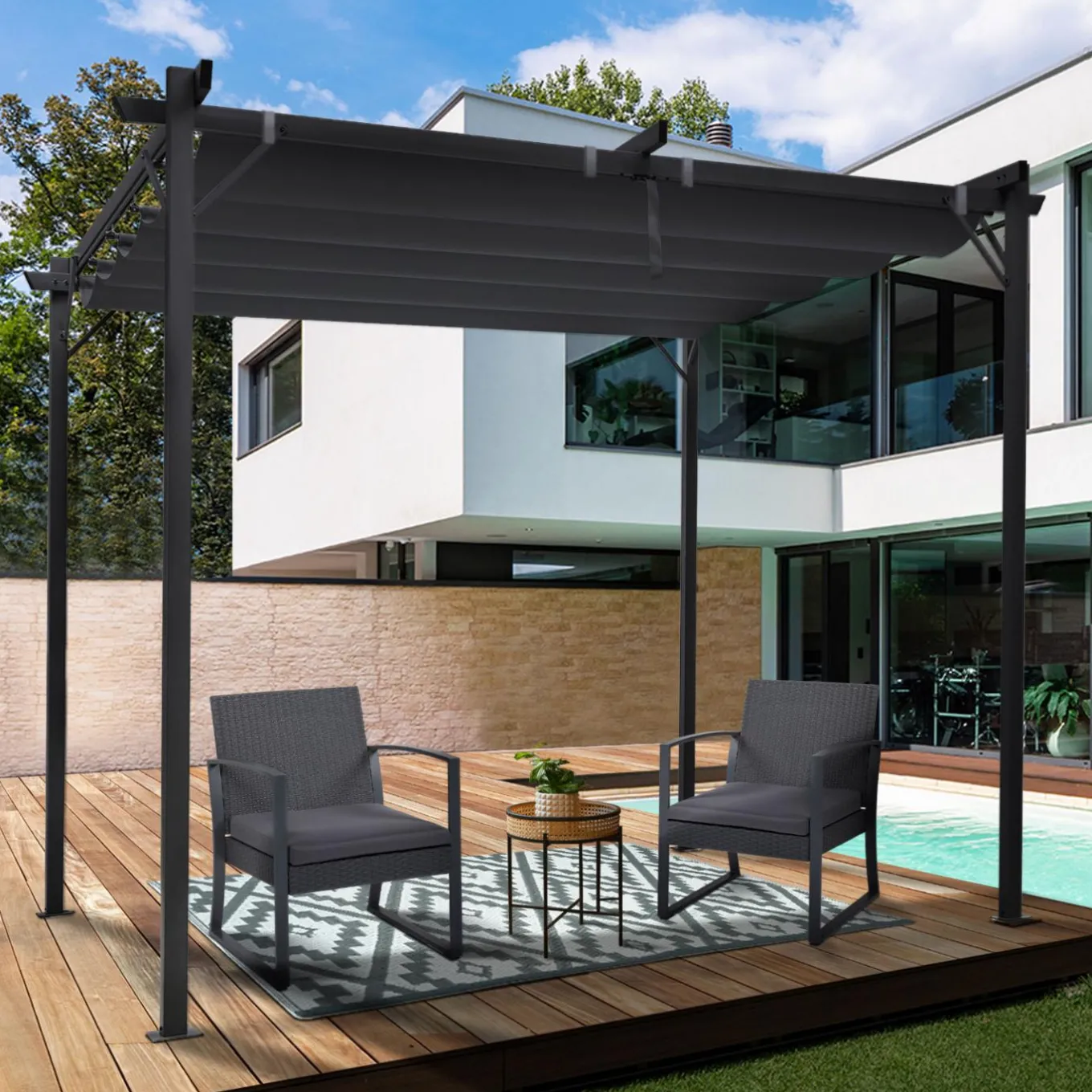 IDMarket Pergola 3x3 m toit rétractable gris anthracite et stores enrouleurs* Tonnelles De Jardin|Pergolas