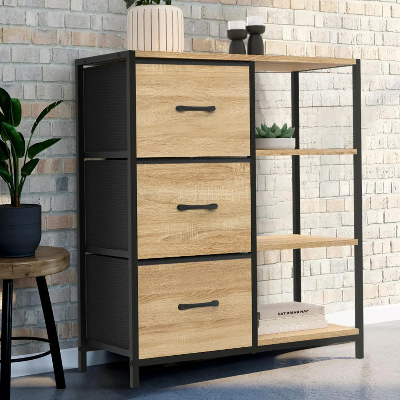 IDMarket Petit buffet d’appoint industriel 3 tiroirs et étagères* Collection Industrielle|Petits Meubles