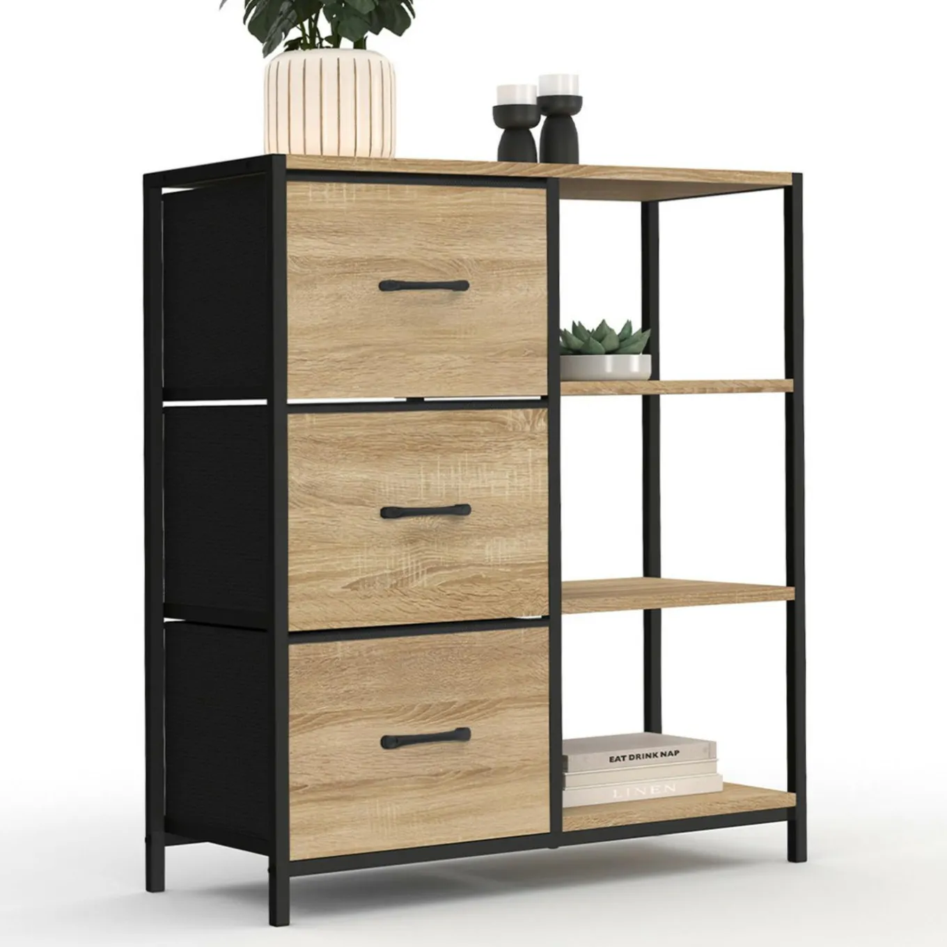 IDMarket Petit buffet d’appoint industriel 3 tiroirs et étagères* Collection Industrielle|Petits Meubles