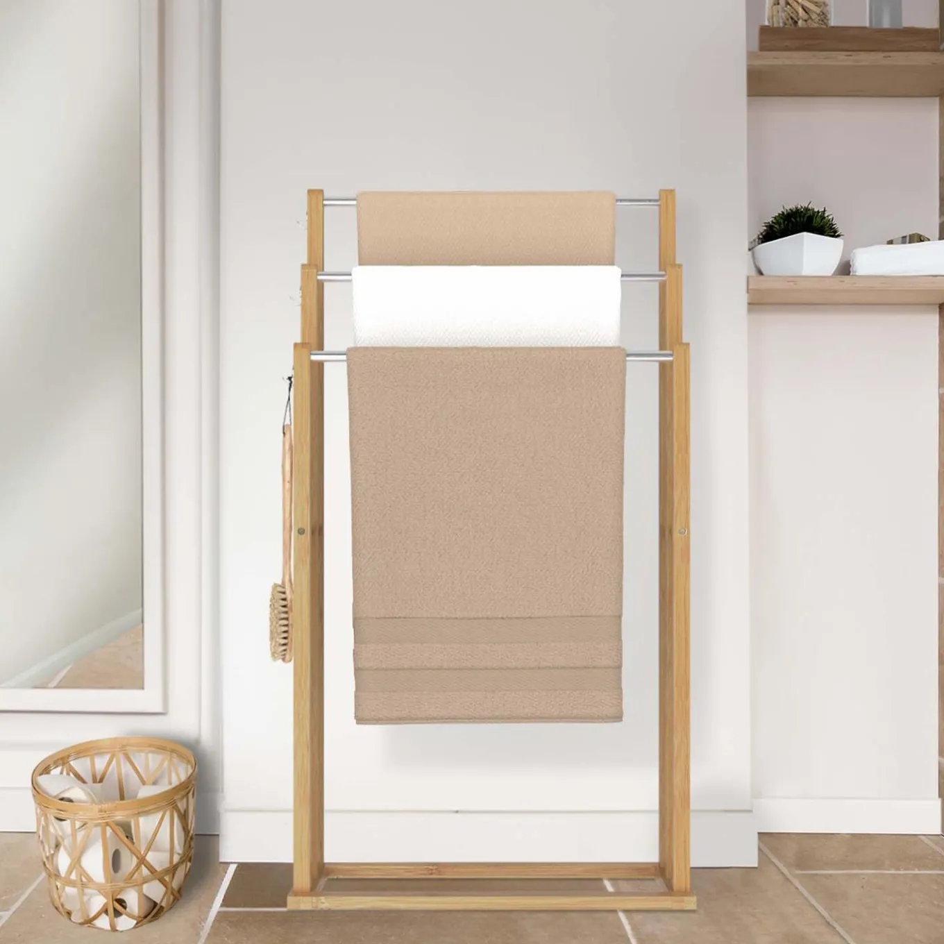 IDMarket Porte serviettes en bambou 3 niveaux* Collection Bambou|Accessoires Salle De Bain